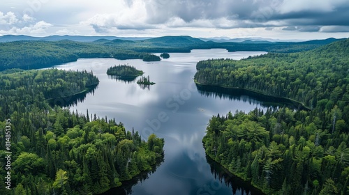 Aerial view of the Laurentian Plateau in Quebec, Canada, a vast area covered in boreal forest and dotted with thousands o