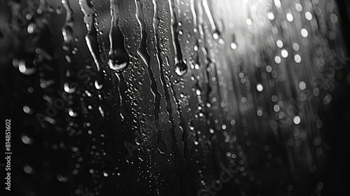 Generate a visual narrative of raindrops cascading down a windowpane