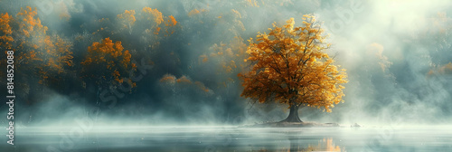 "Photo realistic as Autumn Misty Morning concept: Trees draped in autumn colors partially obscured by dense morning mist evoke a warm yet mysterious aura" in Photo Stock Concept.