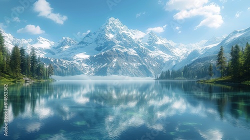 Generate a visual representation of a snow-capped mountain reflected