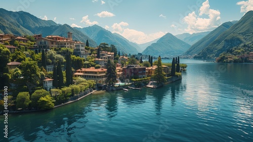 Aerial view of Lake Como in Italy, surrounded by mountains and elegant villas, a favorite retreat for celebrities and art