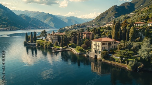 Aerial view of Lake Como in Italy, surrounded by mountains and elegant villas, a favorite retreat for celebrities and art