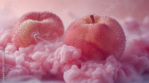 Two dewy apples surrounded by pink smoke and mist in a dreamy setting.