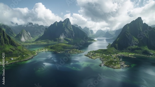 Aerial view of the Norwegian archipelago of Lofoten, known for its dramatic peaks, deep fjords, and traditional fishing v