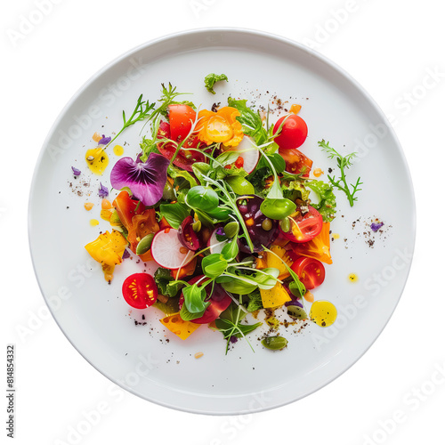 Colorful gourmet salad on a white plate featuring an assortment of fresh vegetables, vibrant edible flowers, and artistically scattered herbs, perfect for culinary enthusiasts