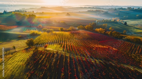Aerial view of the vineyards in Tuscany, Italy, during harvest season, capturing the rich hues of the landscape and the b