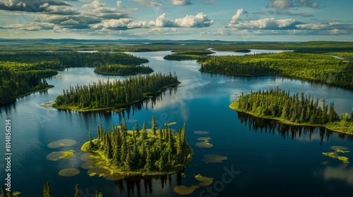 Aerial view of the Boreal Forest in Saskatchewan, Canada, an expansive natural area dominated by spruce and fir trees, su