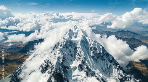 Aerial view of the Huascar?n National Park in Peru, featuring towering peaks of the Cordillera Blanca range, including t