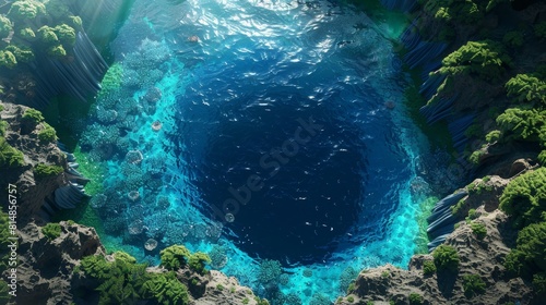 A blue lake with a hole in the middle of it
