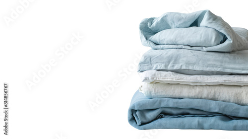 Stack of clean bed linen isolated on transparent and white background.PNG image.