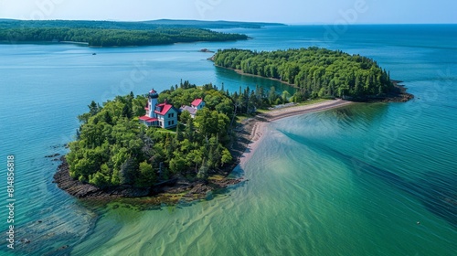 Aerial view of the Apostle Islands in Lake Superior, Wisconsin, USA, showcasing the natural beauty of the archipelago wit