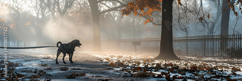 Foggy Morning Dog Walk: A serene photo realistic concept capturing a peaceful morning stroll with a dog through a foggy neighborhood park, perfect for reflection and companionship.