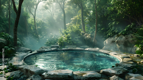 Secluded Forest Hot Spring Enclave: Tranquil Relaxation Getaway in Lush Woodlands Photo Realistic Concept
