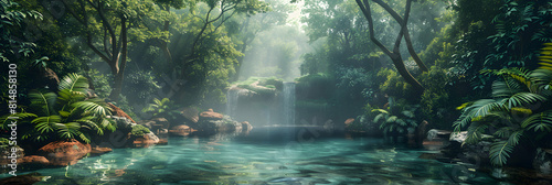 Tucked Away Tranquility: Secluded Hot Spring Enclave in Lush Forest Setting Serene and Rejuvenating Concept for Stock Photo
