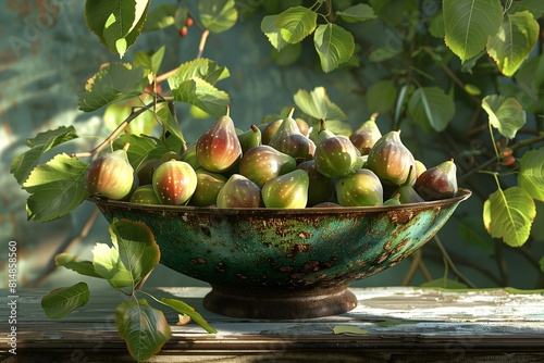 Bowl of figs , verdigris dish on rustic table, orchard leaves freshly picked. Ripe fruit, plums, green, blue.