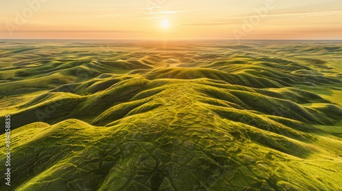 Aerial view of the Sandhills in Nebraska, USA, the largest sand dune formation in the Western Hemisphere, covered with gr