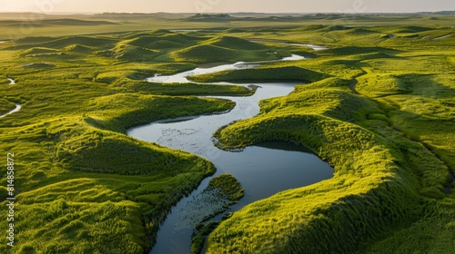 Aerial view of the Sandhills in Nebraska, USA, the largest sand dune formation in the Western Hemisphere, covered with gr