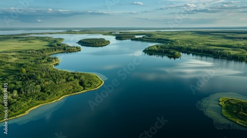 Aerial view of the Miquelon Lake Provincial Park in Alberta, Canada, a peaceful retreat with abundant wildlife and a larg