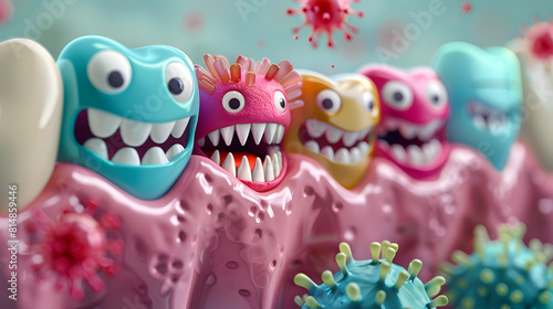 Colorful cartoon illustration of bacteria and viruses on teeth, highlighting dental hygiene issues and the importance of oral health