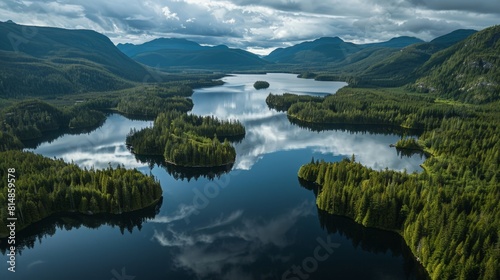 Aerial view of the Bowron Lake Provincial Park in British Columbia, Canada, famous for its canoe circuit through multiple