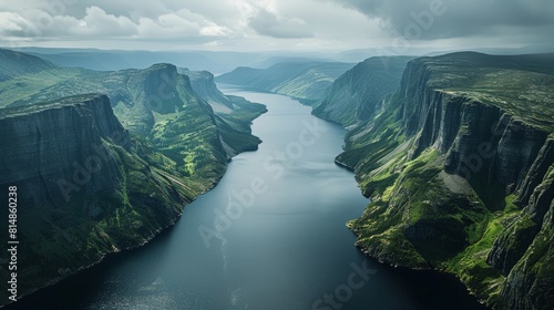 Aerial view of the Gros Morne National Park in Newfoundland, Canada, showcasing rugged coastal landscapes and the geologi
