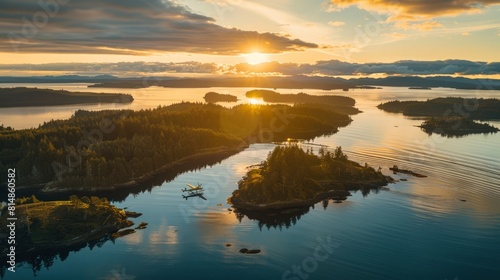 Aerial view of the San Juan Islands in Washington, USA, a serene archipelago known for its stunning seascapes, diverse wi