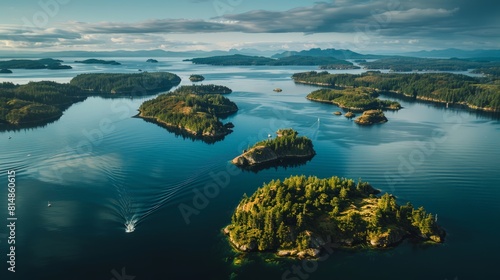 Aerial view of the San Juan Islands in Washington, USA, a serene archipelago known for its stunning seascapes, diverse wi