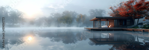 Misty Morning at Lakeside Pavilion: A magical lakeside pavilion enveloped in mist, ideal for serene reflections and gatherings at dawn