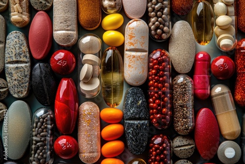 A close-up view of various dietary supplements and vitamins in capsule and tablet forms