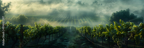 Misty Morning Vineyard: Morning mist over grapevines in wine country Photo realistic concept capturing the early start in the vineyard