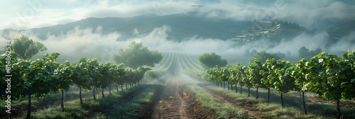 Morning Mist in Vineyard: Photo realistic Image of Grapevines Veiled in Mist at Dawn, Wine Country Scene
