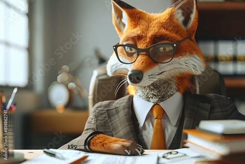 anthropomorphic fox accountant in tailored suit calculating finances 3d rendering