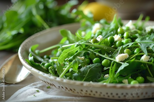 arugula and threepea salad with fresh herbs creamy goat cheese and zesty lemon dressing healthy and delicious photography