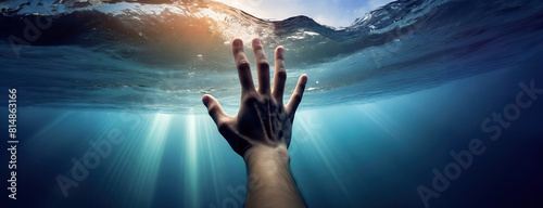 Hand Reaching Out Underwater. Panorama with copy space.