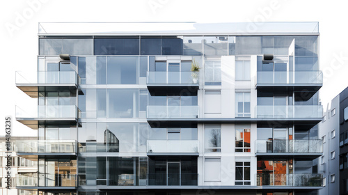 geometric apartment building with a glass facade, isolated on transparent and white background.PNG image.
