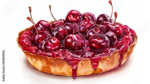 Cherry Clafoutis isolated on white background hyper realistic close-up French dessert theme digital painting vivid