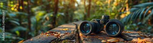 A pair of binoculars sits on a wooden railing in a lush green jungle. The morning sun shines brightly through the trees.