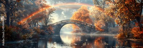 A historic bridge framed by a rainbow arch blending architectural grace with the splendor of natural colors Photo realistic concept
