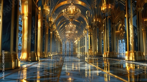 A realistic fantasy gold black interior of the royal palace. golden blue palace. castle interior. Fiction Backdrop. concept art. digital ai art