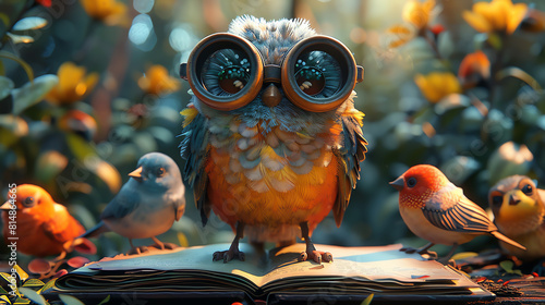 A wise old owl sits on a book in the middle of a forest, surrounded by colorful birds