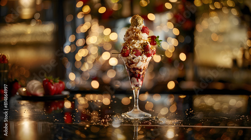 a decadent ice cream sundae presented in an elegant glass.