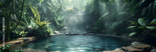 Sanctuary in the Rainforest: Photo Realistic Hot Springs Haven for Peace Seekers amidst Lush Foliage Stock Photo Concept