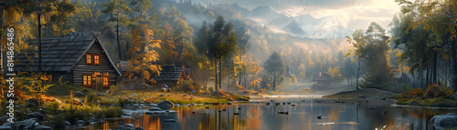 Generate a beautiful landscape image of a mountain lake with a cabin nestled in the woods