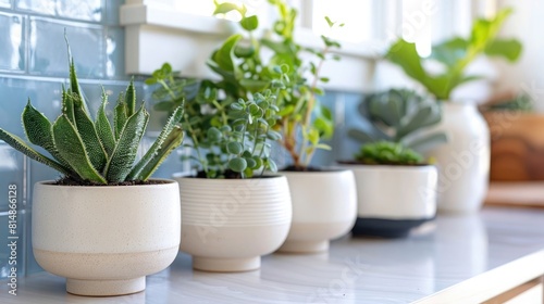 A row of white ceramic pots with plants in them sit on a counter