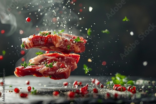 delectable pieces of succulent meat floating in midair creative food art concept mouthwatering carnivores delight