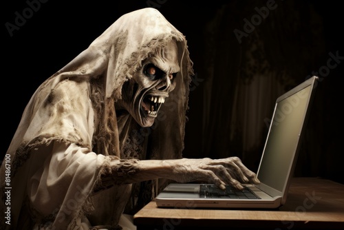 Spooky grim reaper with a sinister smile using a computer in a dark, eerie setting