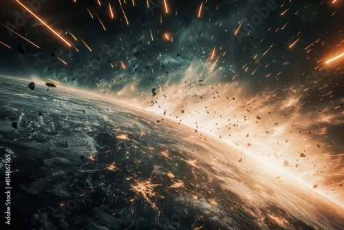 dramatic scene of meteorites raining down on earths surface apocalyptic scifi concept illustration