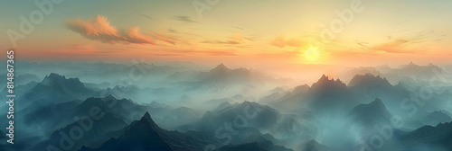 Early Morning Splendor: Sunrise Breaking Through Misty Mountain Peaks Ideal for Breathtaking Natural Wallpapers in Photo Realistic Concept