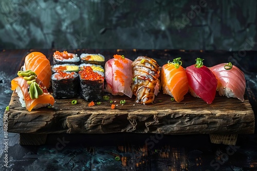 elegant japanese sushi platter assorted nigiri and rolls artfully arranged on rustic wooden board dark background food photography