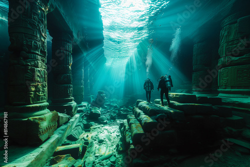 Aquatic archaeologists documenting ancient submerged ruins, shedding light on mysteries of the past .Two figures explore an underwater cave, surrounded by electric blue darkness